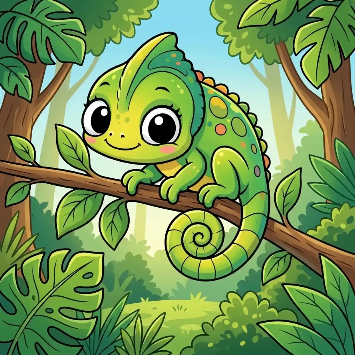 Cartoon chameleon on a branch with its tail curled