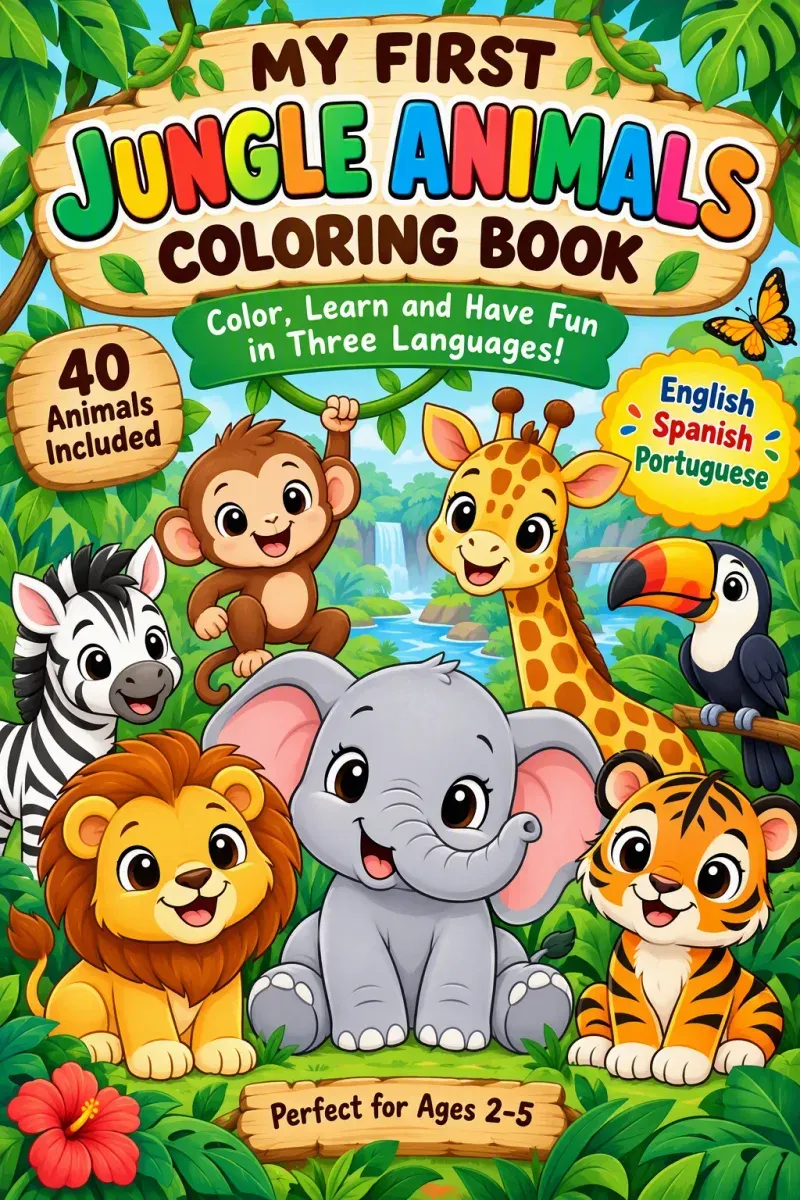 Cover of My First Jungle Animals Coloring Book, with a lion, an elephant, a giraffe, a monkey, a tiger, a zebra and a toucan