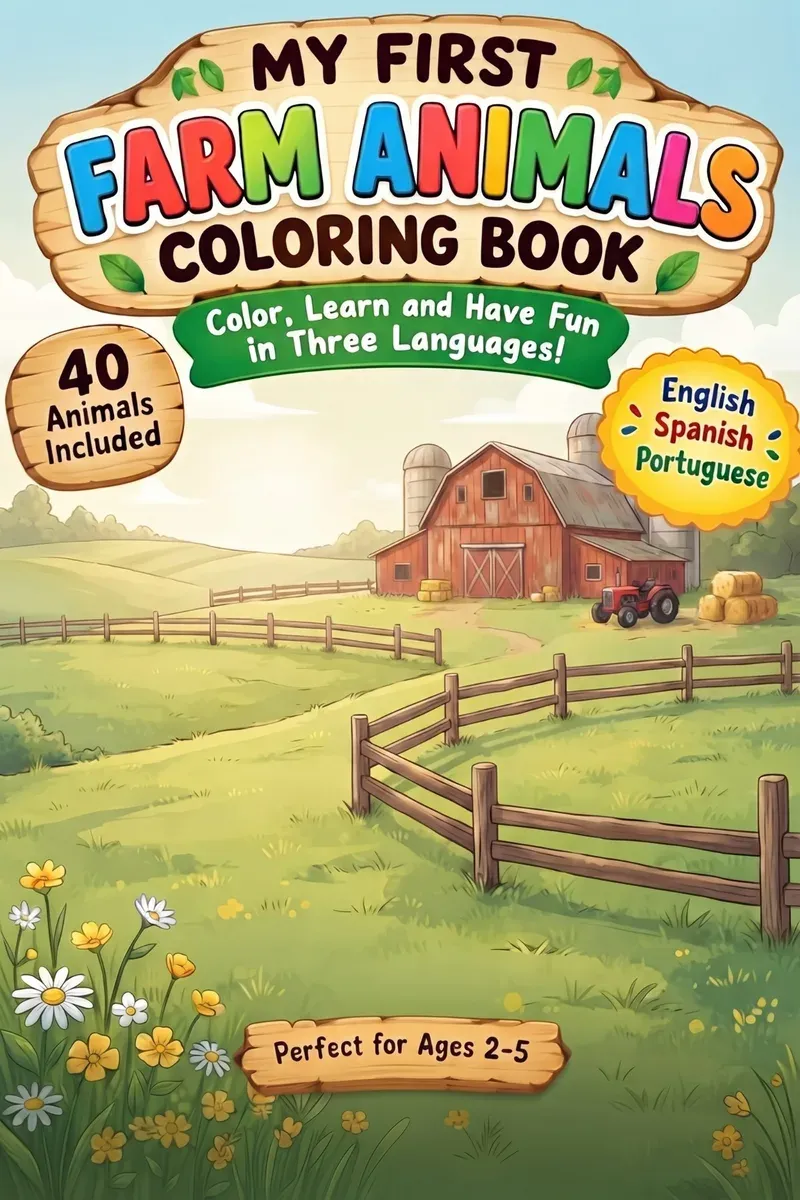 Cover of My First Farm Animals Coloring Book, with a red barn and green fields