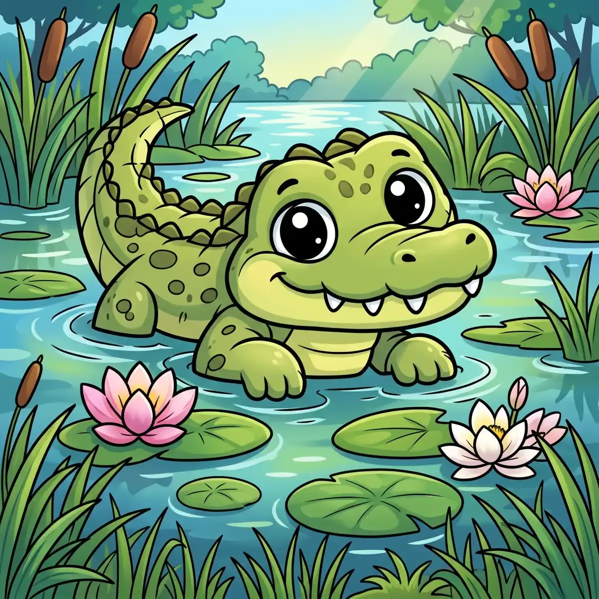 Cartoon crocodile smiling in a pond with water lilies