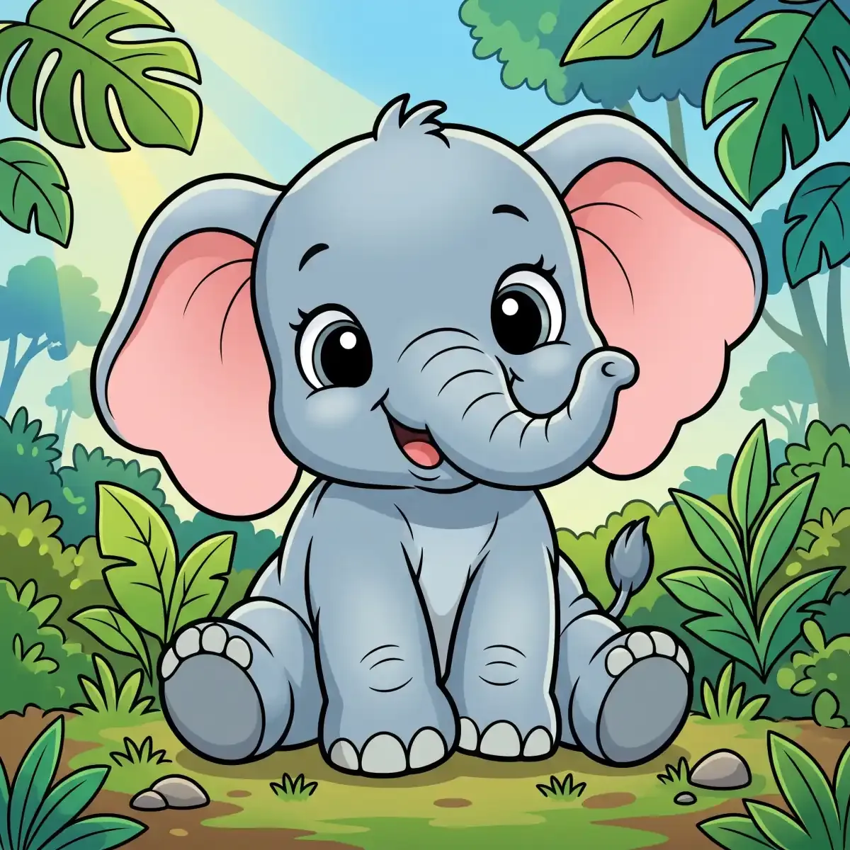 Cartoon baby elephant sitting and smiling
