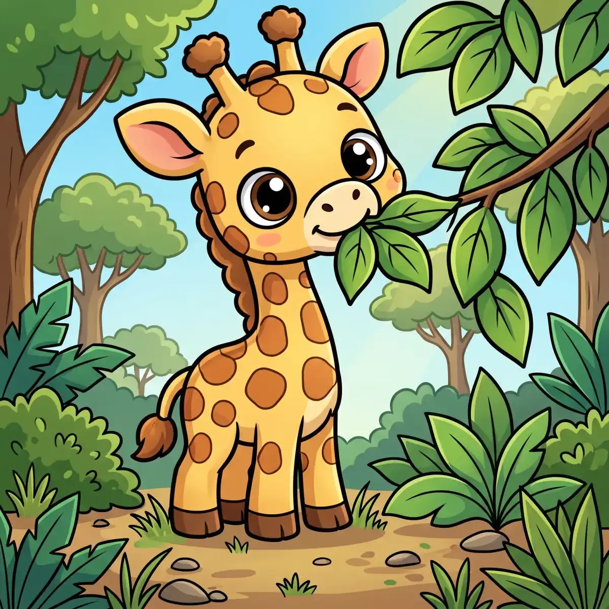 Cartoon baby giraffe eating a leaf