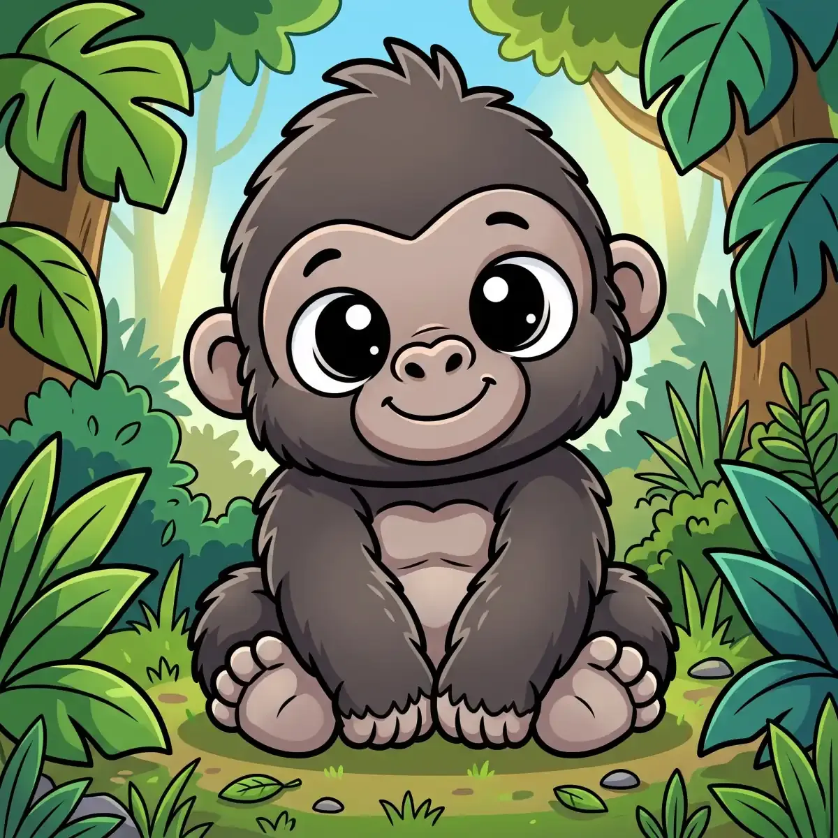 Cartoon baby gorilla sitting and smiling