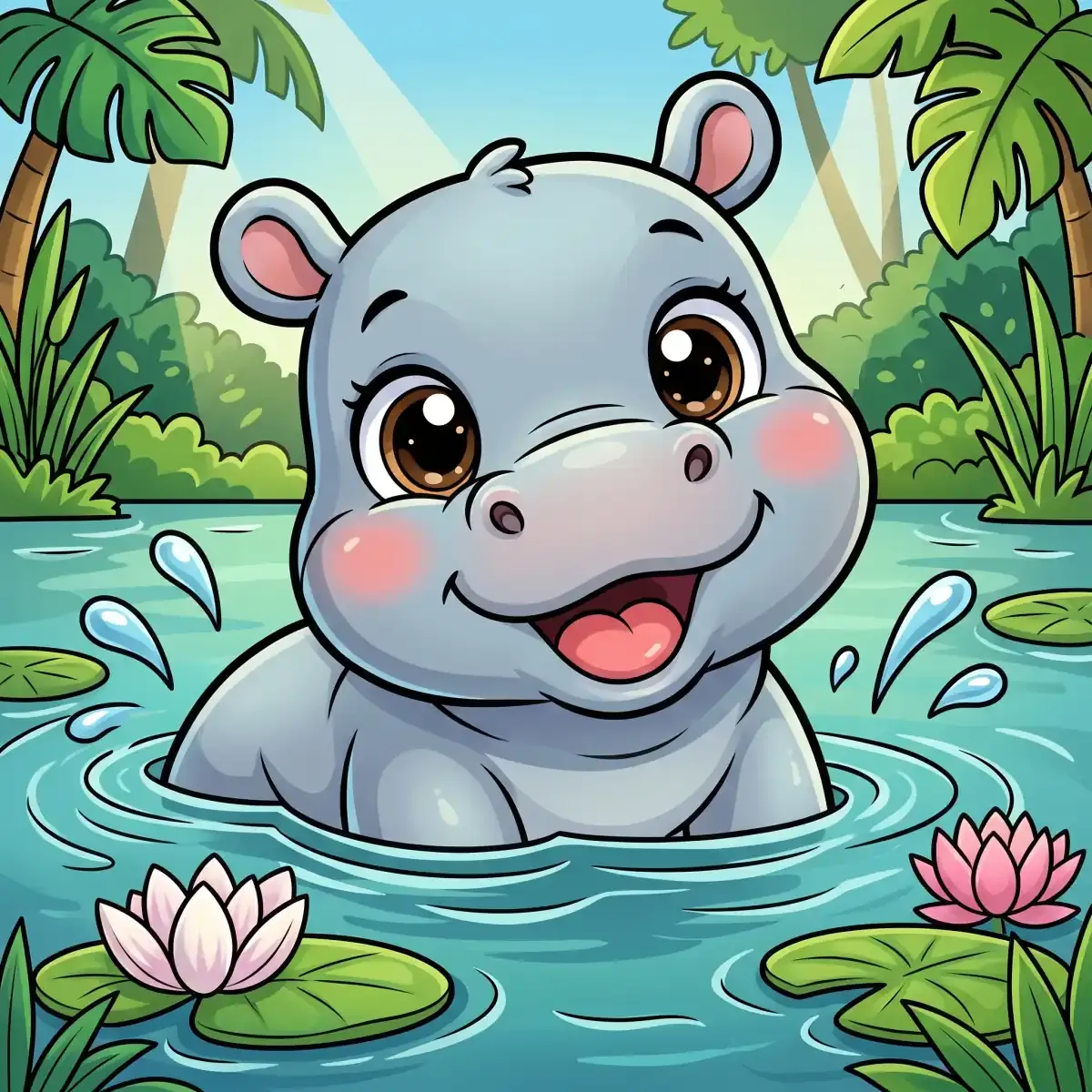 Cartoon hippopotamus smiling in the water