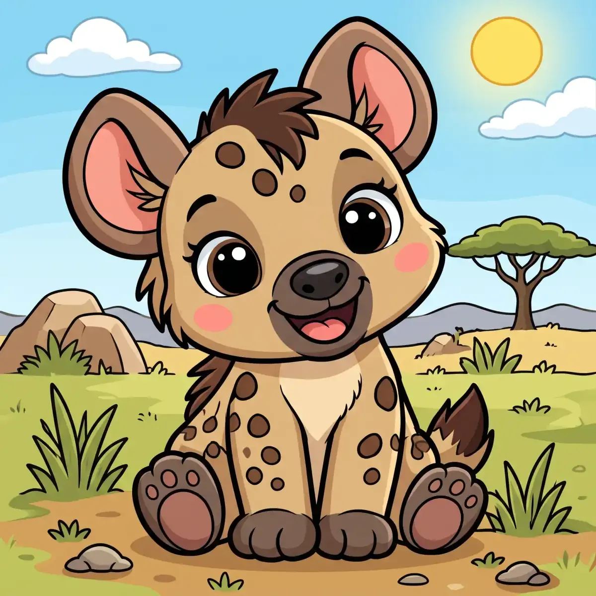 Cartoon spotted hyena cub sitting in the savanna