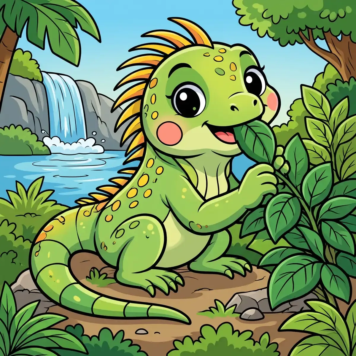 Cartoon iguana eating a leaf by a waterfall