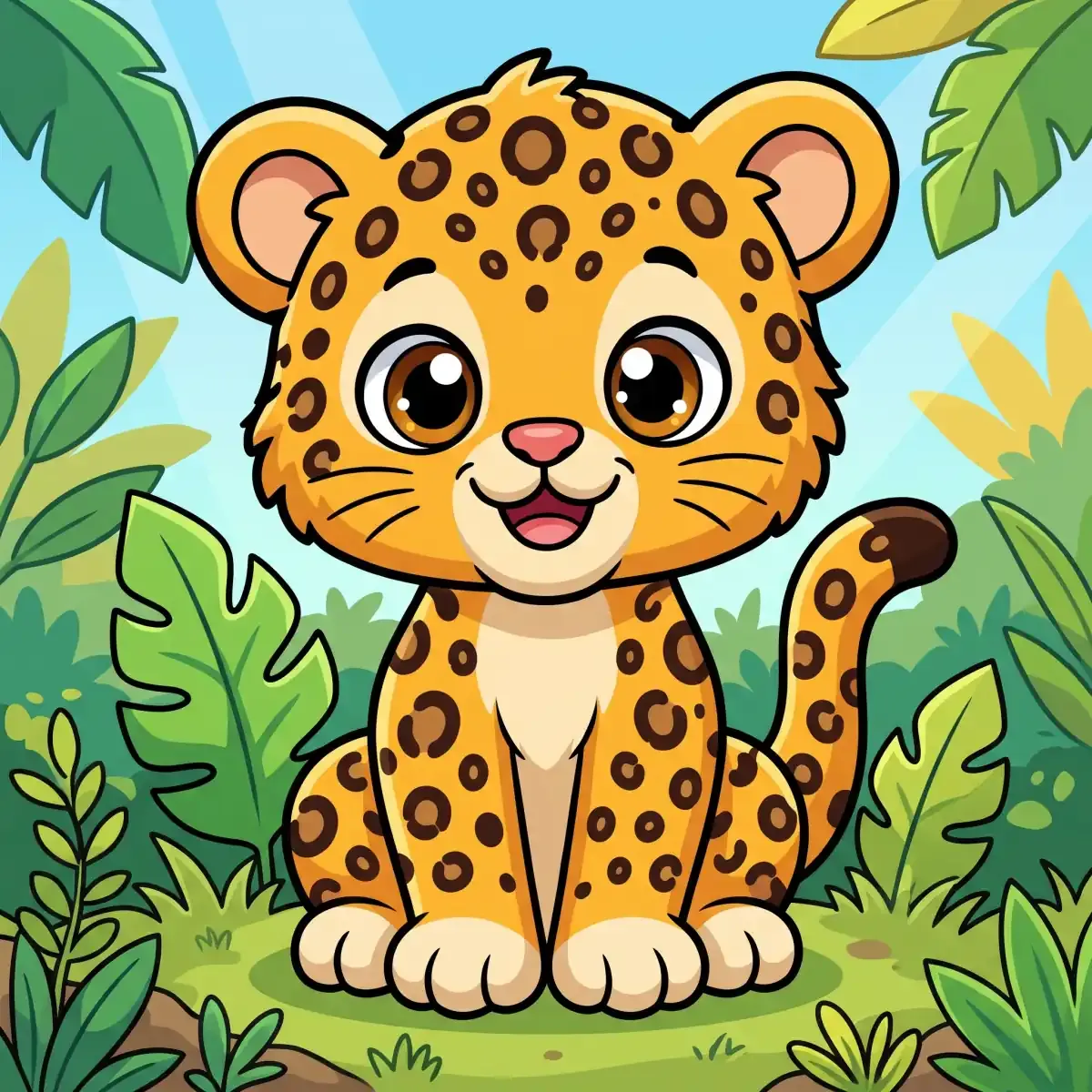 Cartoon leopard cub sitting and smiling