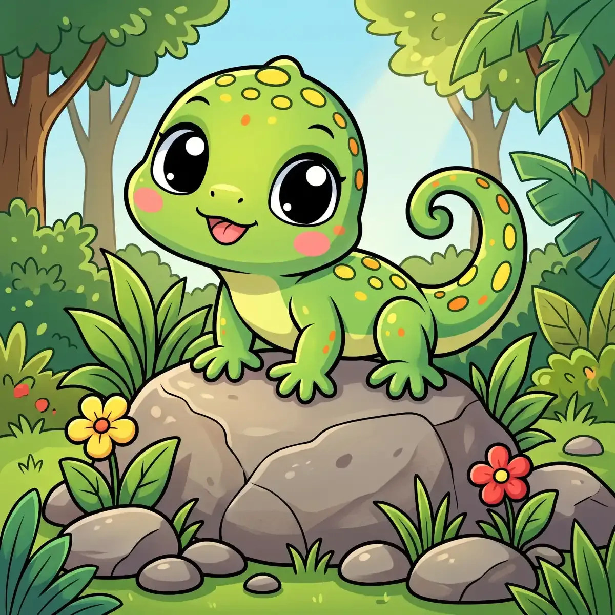 Cartoon lizard smiling on a rock