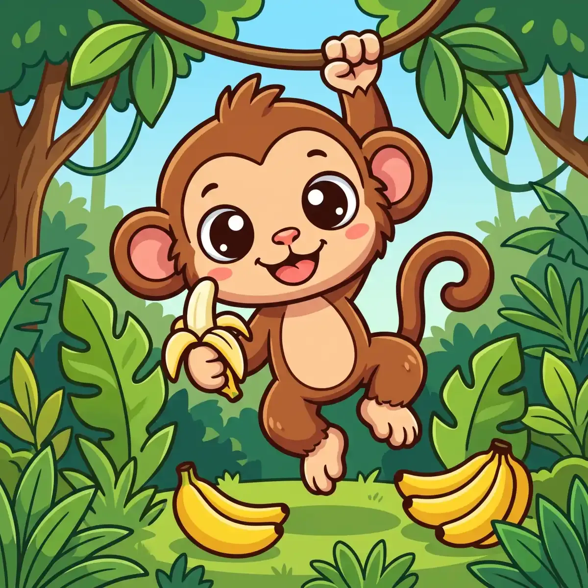 Cartoon monkey hanging from a vine holding a banana