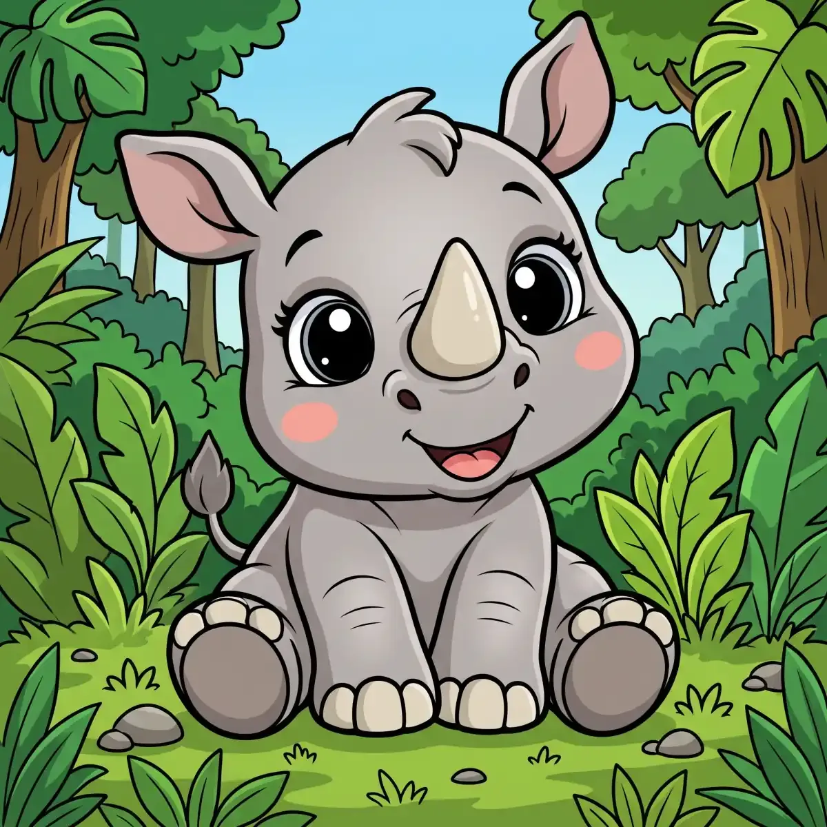 Cartoon baby rhinoceros sitting and smiling