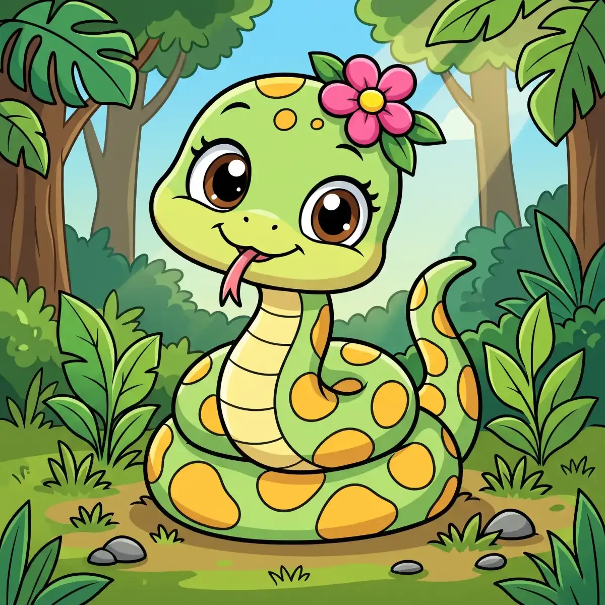 Cartoon coiled snake with a flower on its head