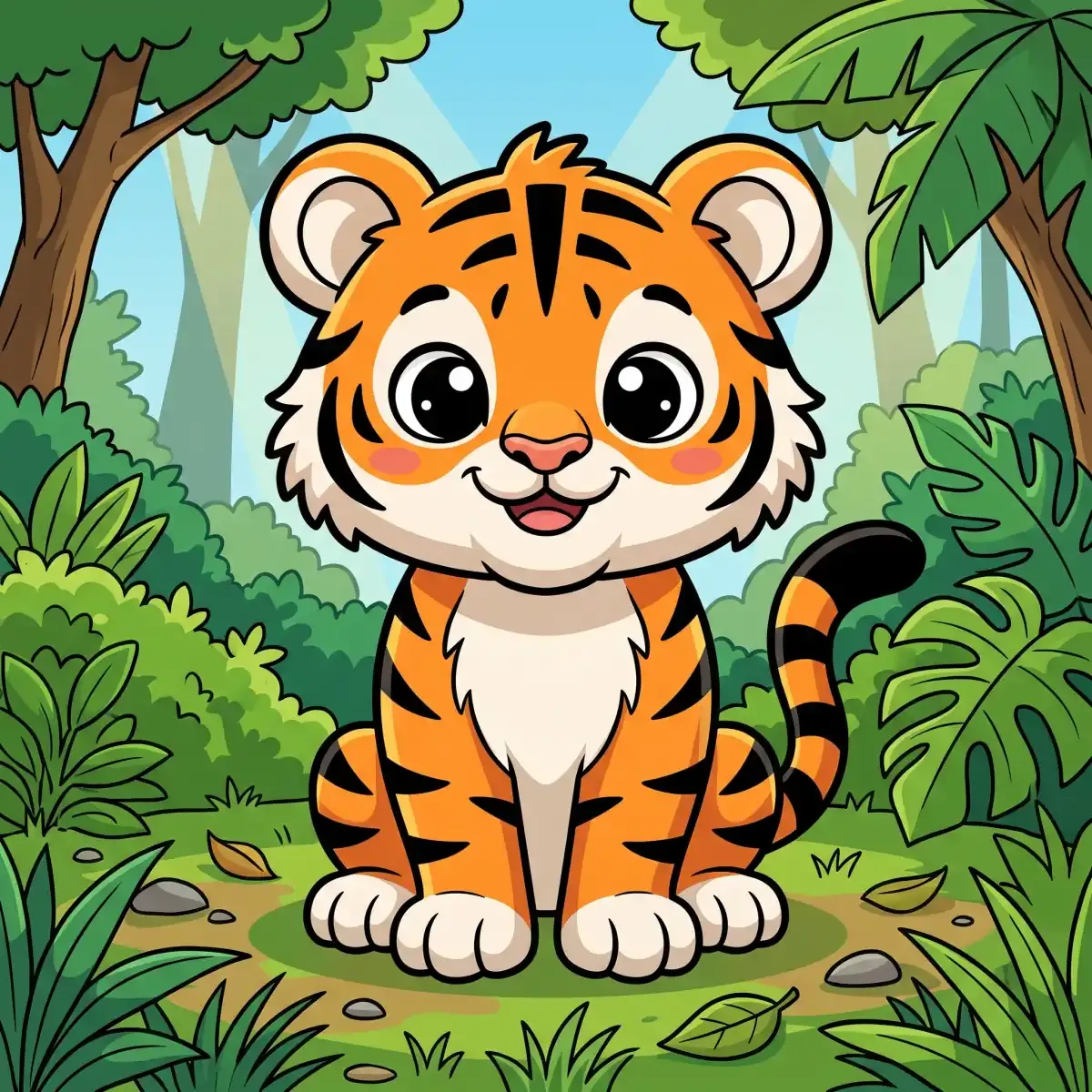 Cartoon tiger cub sitting and smiling